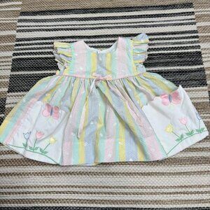 Vintage Baby Togs Baby Girl Pastel Stripes Cap Sleeve Butterfly Flower Dress 12M